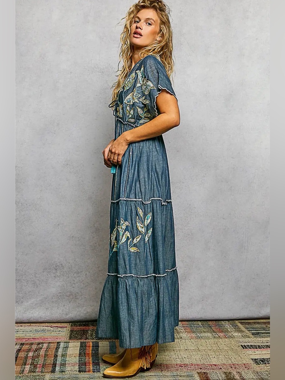 POL Blue Embroidered Tiered Maxi Dress - Picture 4 of 7